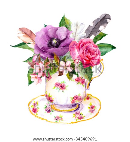 Boho chic tea cup design with rose flowers and vintage feathers. Hippy watercolor for tea time