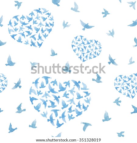 Heart with blue watercolor birds. Ditsy seamless background. Watercolour for fashion design