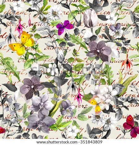 Seamless vintage print - flowers and butterflies. Meadow floral pattern in neutral colors. Watercolor