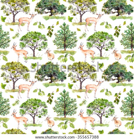 Green trees. Park, forest pattern with antelope animals. Seamless background. Watercolor