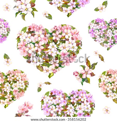 Seamless pattern for Valentine day - floral hearts with white and pink flowers (cherry blossom). Watercolor for fashion design