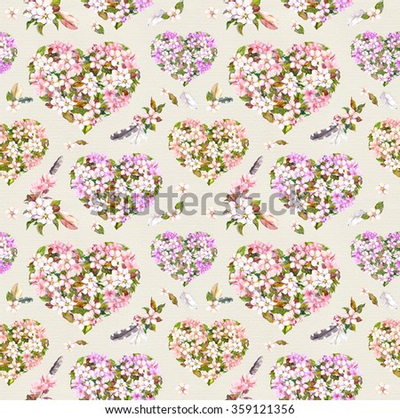 Seamless pattern for Valentine day - floral hearts with apple flowers (cherry blossom) and feathers. Watercolor
