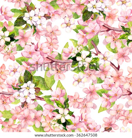 Cherry blossom (apple pink flowers). Floral repeating pattern. Watercolor