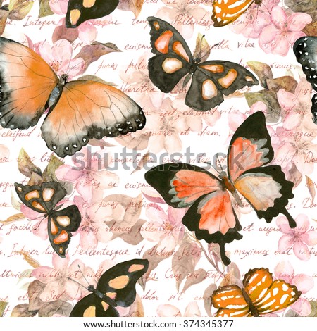 Flowers, butterflies and hand written text note. Watercolor. Seamless pattern