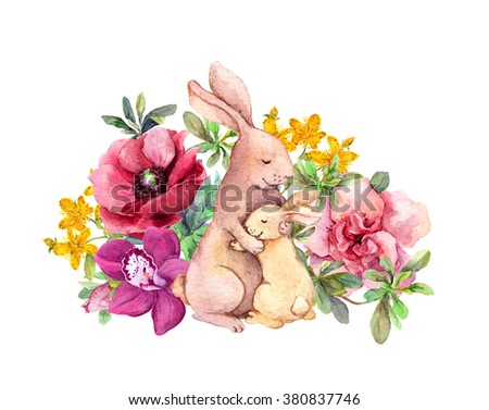 Mother rabbit hugging her little child in flowers. Watercolor greeting card for Mother\'s day
