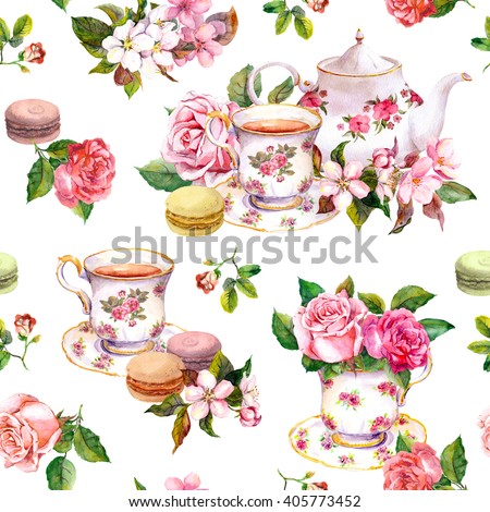 Tea pattern with flowers (cherry blossom, rose flower), tea cups and macaroon cakes. Watercolor. Seamless background