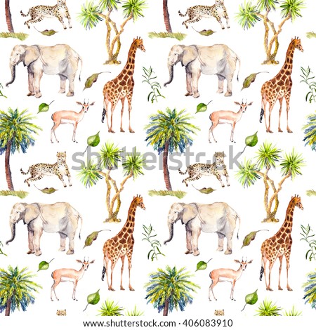 Wild animals (giraffe, elephant, cheetah, antelope) in savannah with palm trees. Repeating background. Watercolor