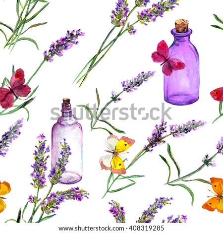 Lavender flowers, oil perfume bottles and butterflies. Repeating pattern for cosmetic, perfume, beauty design. Vintage watercolor