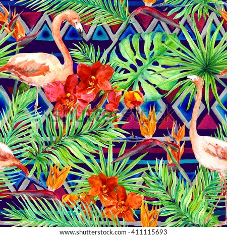 Tribal pattern, tropical leaves and flamingo birds. Exotic orchid flowers. Repeated native pattern. Watercolor