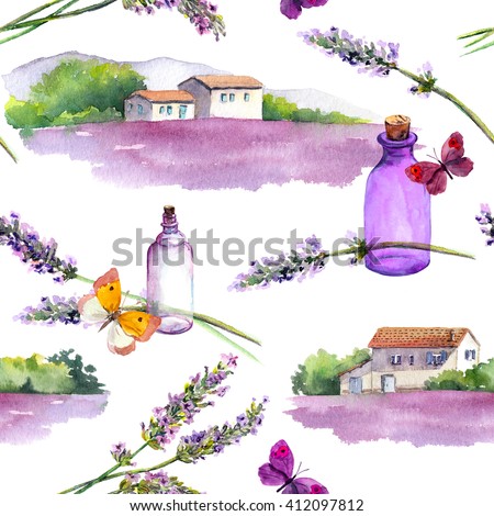 Lavender flowers, oil perfume bottles and butterflies with rural houses and lavender fields. Repeating pattern for cosmetic, perfume, beauty design. Vintage watercolor