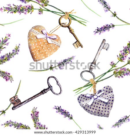 French rural background - lavender flowers, vintage keys, textile hearts. Seamless pattern in country style of Provence. Watercolor