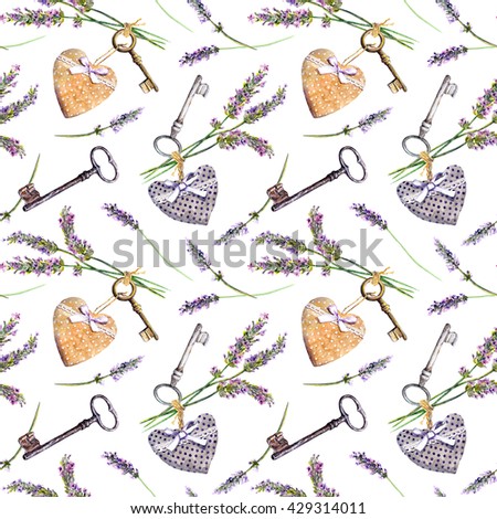 Provencal background - lavender flowers,  old keys, textile hearts. Seamless pattern in rural style of Provence. Watercolor