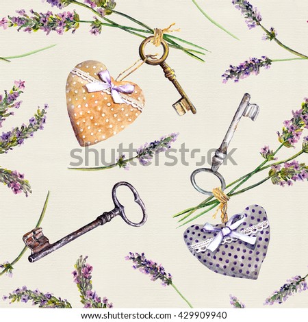 Vintage background - lavender flowers, aged keys, textile hearts. Seamless pattern in rural style. Watercolor