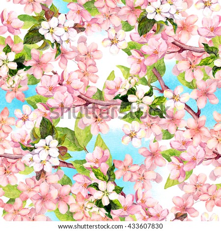 Spring flowers blossom (sakura, cherry, apple) with blue sky. Floral seamless pattern. Watercolor
