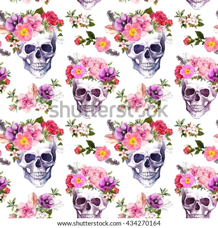 Human skulls with flowers. Seamless pattern. Watercolor