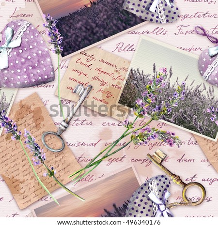 Vintage old paper with lavender flowers, hand written letters, keys and textile hearts. Repeating pattern