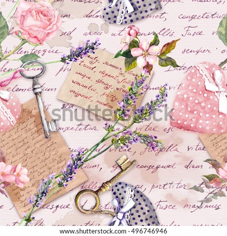 Vintage aged paper with lavender flowers, hand written letters, keys, roses and pink textile hearts. Seamless background