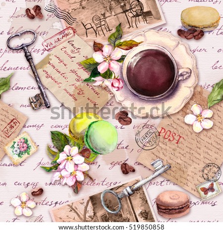 Vintage old paper with coffee or tea cup, macaroon cakes, flowers, hand written letters,  keys. Retro design. Seamless pattern