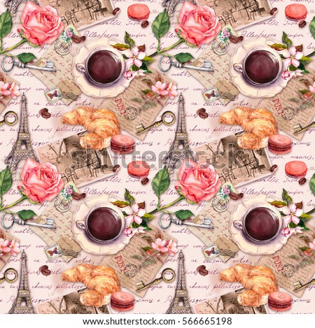 Hand written letters, Eiffel Tower, coffee or tea cup, macaroon cakes, rose flowers, stamps, keys. Vintage seamless pattern.