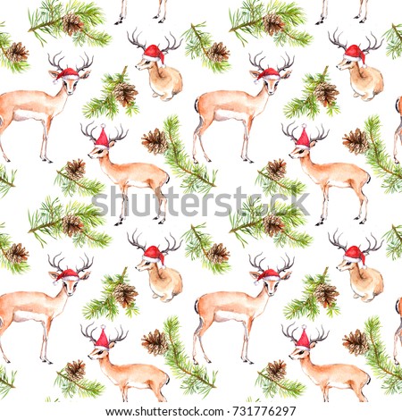 Pine christmas tree branches and deer animals in red holiday hats. Repeating pattern for Christmas. Watercolor