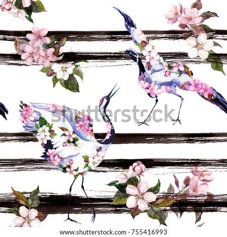 Crane birds with pink spring flowers at monochrome striped background. Seamless floral pattern with cherry blossom, apple lowers. Spring watercolor with black stripes