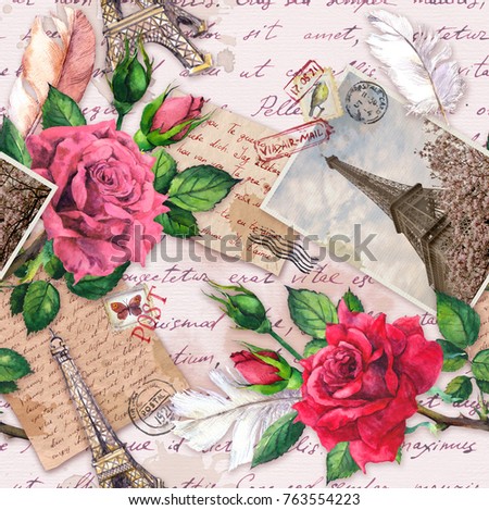 Hand written letters, vintage photo of Eiffel Tower, rose flowers, postal stamps, feathers. Seamless pattern about France and Paris