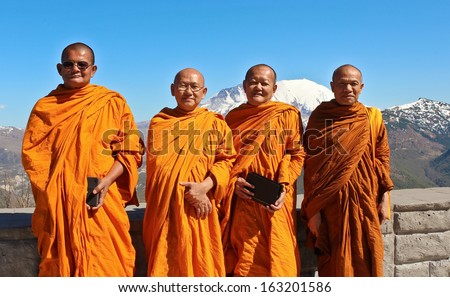 MT. ST.HELENS, WASHINGTON - CIRCA MAY 2013. Tibetan  monks nearby of Mt .St.Helens