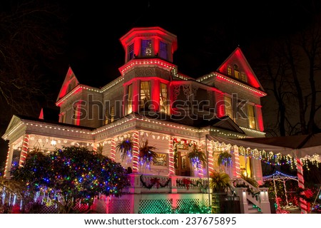 PORTLAND, OR - DECEMBER 13, 2014. The famous Victorian Belle, Queen Ann Victorian Mansion in Christmas lights.