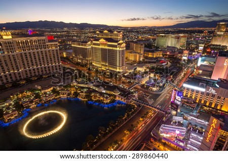 LAS VEGAS, NEVADA - JUNE 17, 2015. Wide view at Las Vegas The Strip buildings after sunset