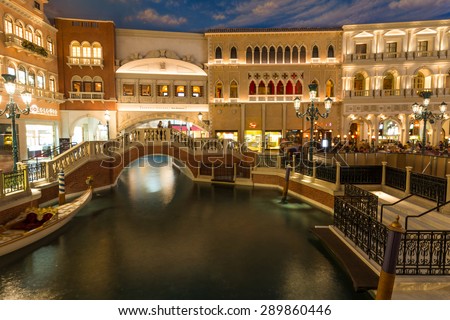LAS VEGAS, NEVADA - JUNE 18, 2015. Venetian hotel interior. Water channel in the St.Mark square at night.