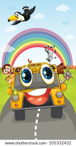 illustration of various animals in school bus