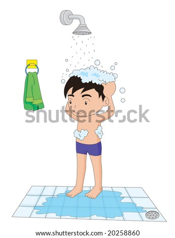 stock photo illustration of a boy taking a shower washing hair