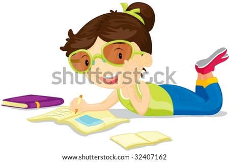 cartoon girl studying. of girl studying