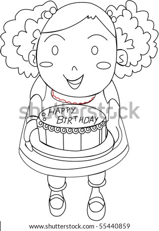 birthday cake sketch. stock photo : Sketch of A Girl With a Birthday Cake on white background