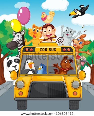 Illustration of school bus filled with animals
