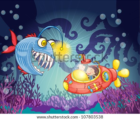 illustration of a monster fish and submarine in water