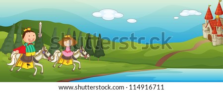 illustration of a kids and horse in a beautiful nature