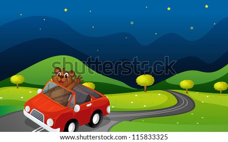 illustration of a bear and a car in a beautiful nature