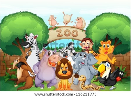 illustration of zoo and animals in a beautiful nature - stock vector