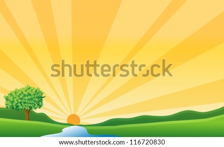 illustration of a river and a sun in a beautiful nature