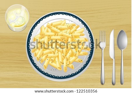 Illustration of a pasta food in a dish on a wooden table