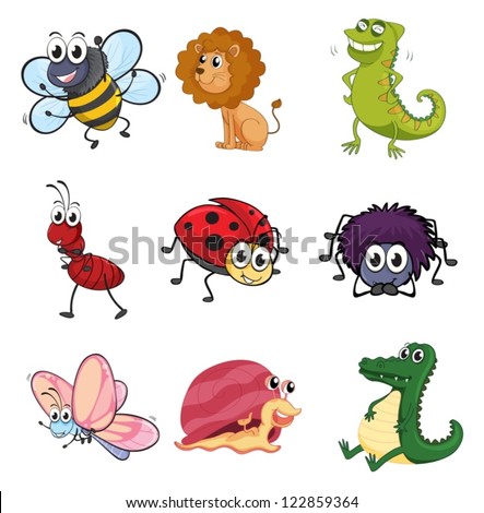 Illustration of various animals and insects on a white background