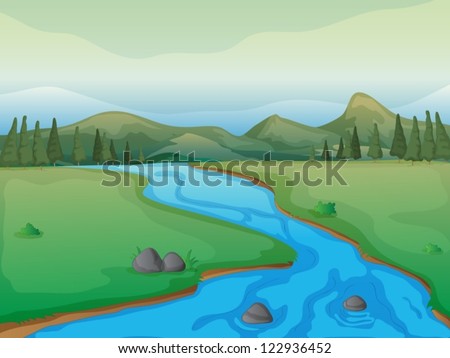 Illustration of a river, a forest and mountains
