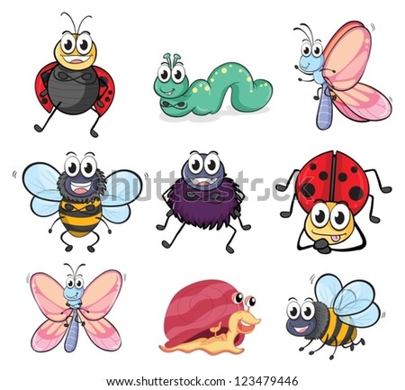 Illustration of various insects and animals on a white background