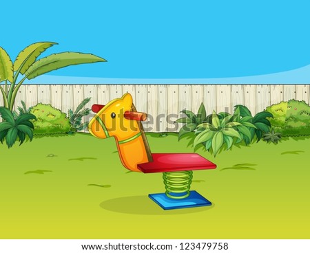 Illustration of a horse playing equipment in a beautiful garden