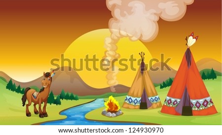 Illustration of a camp fire and a sun set near the river