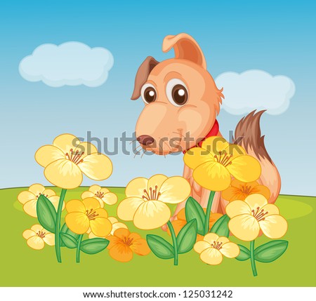 Illustration of a dog and flower plant in a beautiful nature