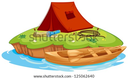 Illustration of vaious objects for camping on an island and a canoe