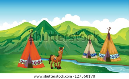 Illustration of tents and a smiling horse in a beautiful nature