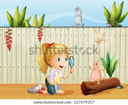 Illustration of the wild animals and a girl with a magnifying glass